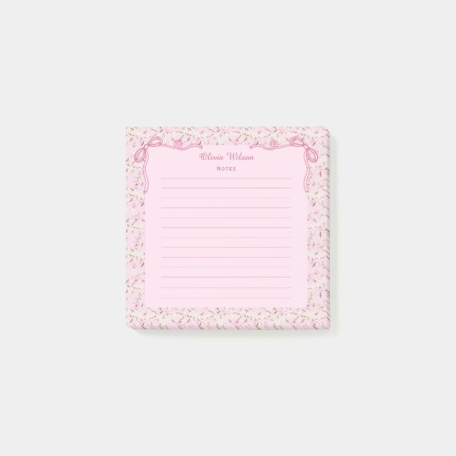 Post-it® Pink Floral Coquette Bow Custom Name (Devant)