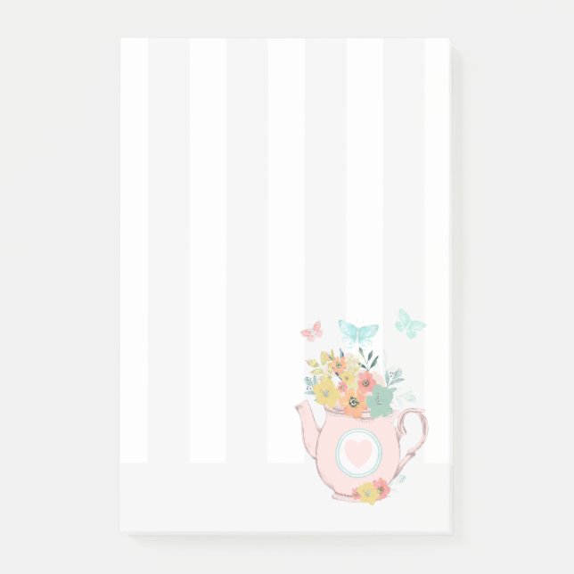 Post-it® Pink Teapot with Flowers & Butterflies (Devant)