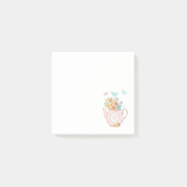 Post-it® Pink Teapot with Flowers & Butterflies (Devant)
