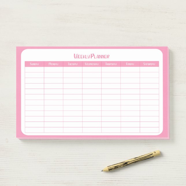 Post-it® Planificateur hebdomadaire rose simple (Sur un bureau)