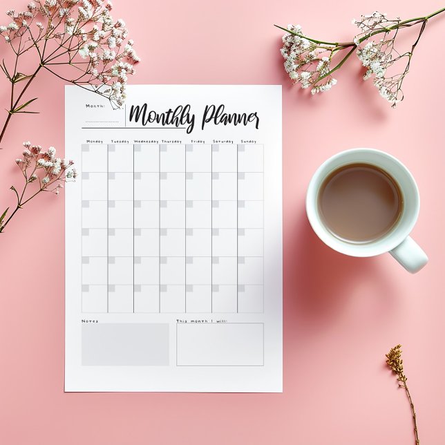 Post-it® Planificateur mensuel (Minimalist monthly planner with modern script, undated grid, and notes section.)
