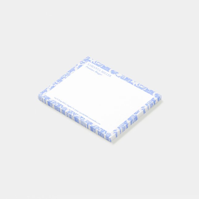 Post-it® Poudre Bleu Blanc Floral Damask Motif (Incliné)