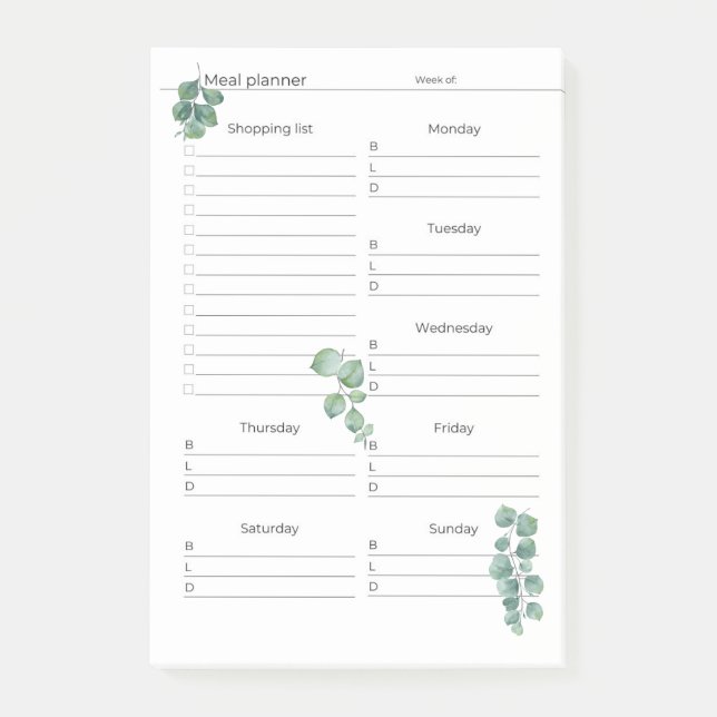 Post-it® Publier les notes 4"x6" Plan de repas hebdomadaire (Devant)