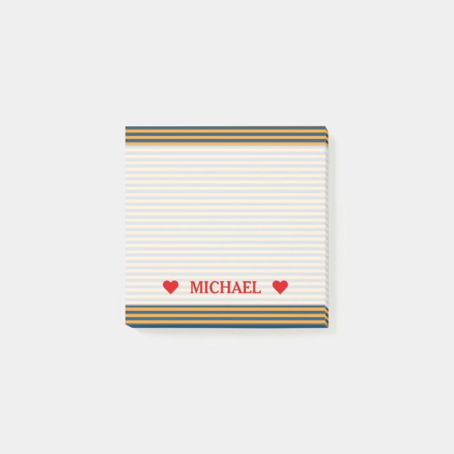 Post-it® Rayures/lignes motif et nom bleus et oranges de (Devant)