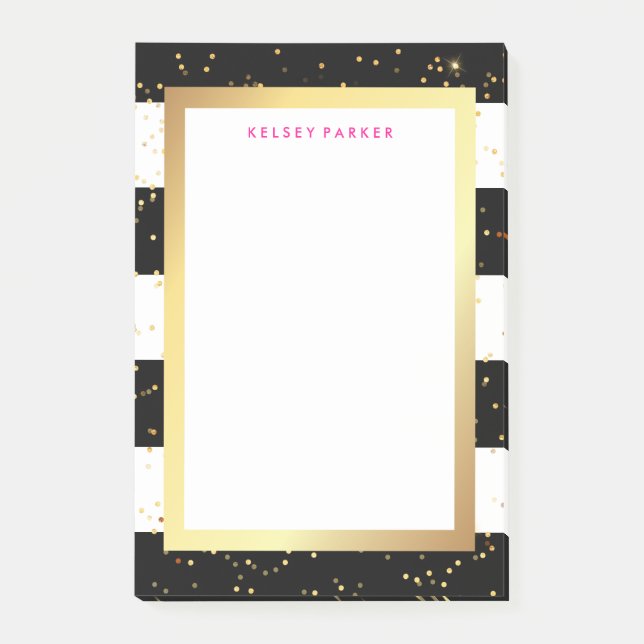 Post-it® Rayures noires et blanches avec de l'or et le rose (Devant)
