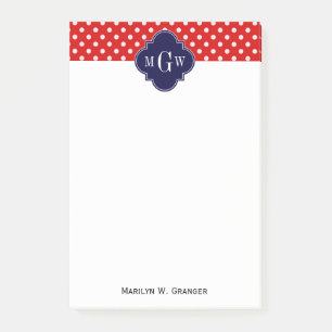 Post-it® Rouge Blanc à pois Navy Quatrefoil 3 Monogramme