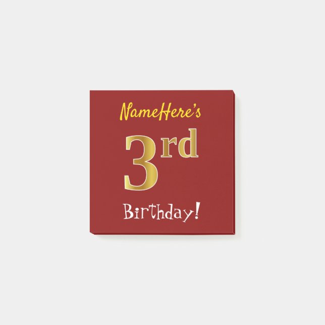 Post-it® Rouge, Faux Gold 3e anniversaire, avec nom personn (Devant)