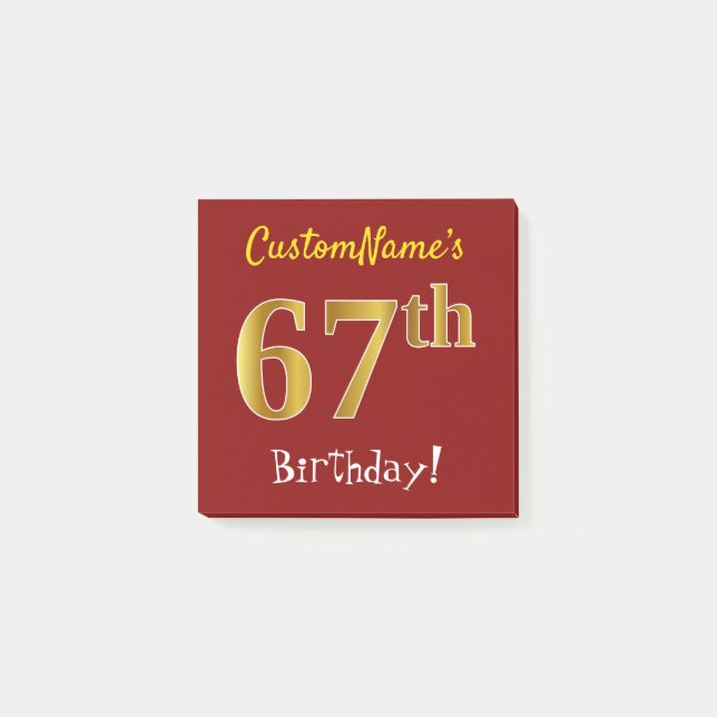 Post-it® Rouge, Faux Gold 67e anniversaire, avec nom person (Devant)