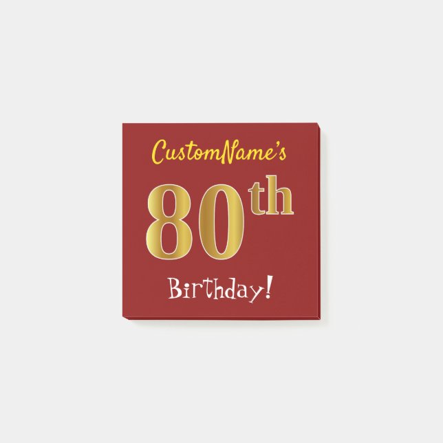 Post-it® Rouge, Faux Gold 80e anniversaire, avec nom person (Devant)