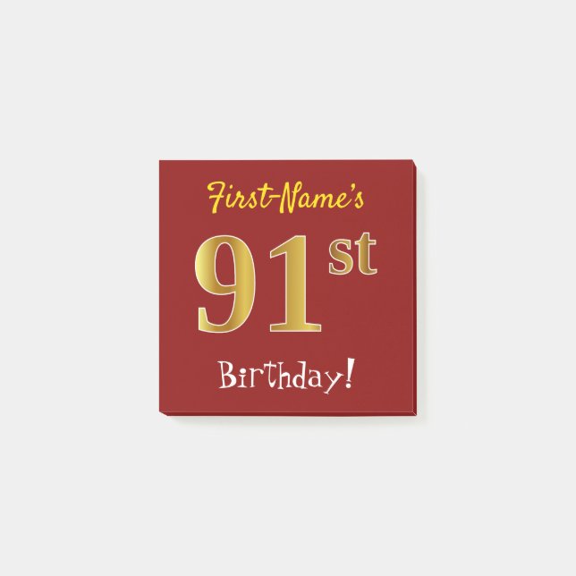 Post-it® Rouge, Faux Gold 91ème Anniversaire, Avec Nom Pers (Devant)