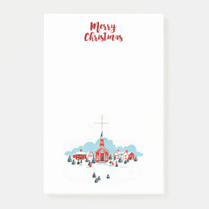 Post-it® Scène d'hiver avec une église rouge et l'étoile de