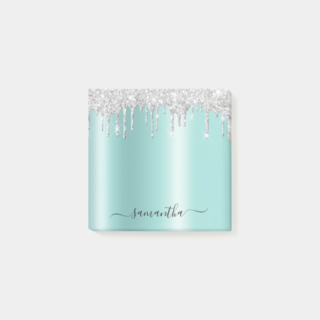 Post-it® Silver Glitter Drips Light Teal Shimmer (Devant)