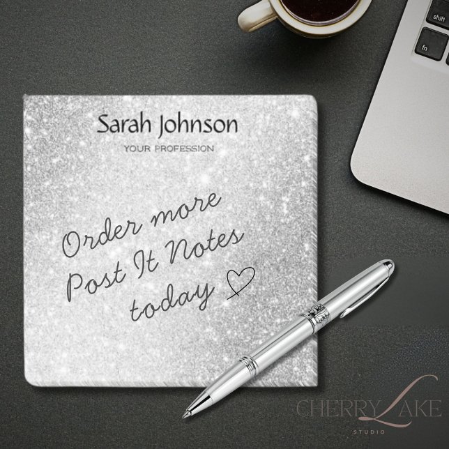 Post-it® Silver Glitter Monogram Personalized Name  (Créateur téléchargé)