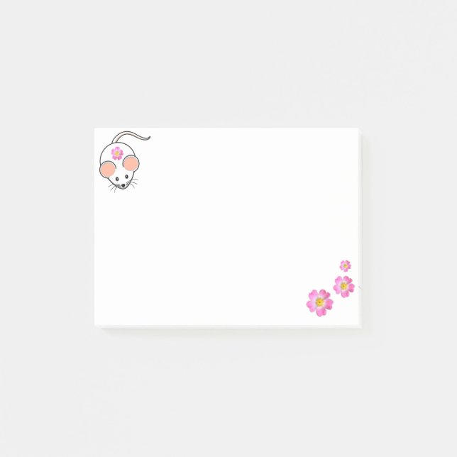 Post-it® Souris blanc et fleurs roses sur blanc (Devant)