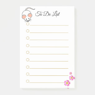 Post-it® Souris blanche mignonne et fleurs roses sur papier