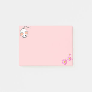 Post-it® Souris blanche mignonne et fleurs roses sur rose