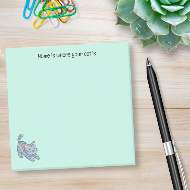 Post-it® Stretching Grey Tabby Cat Green Custom Text (Créateur téléchargé)