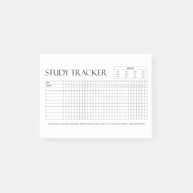 Post-it® Suivi d'étude | Mois | 31 Jours | Sujet | Progrès (Devant)