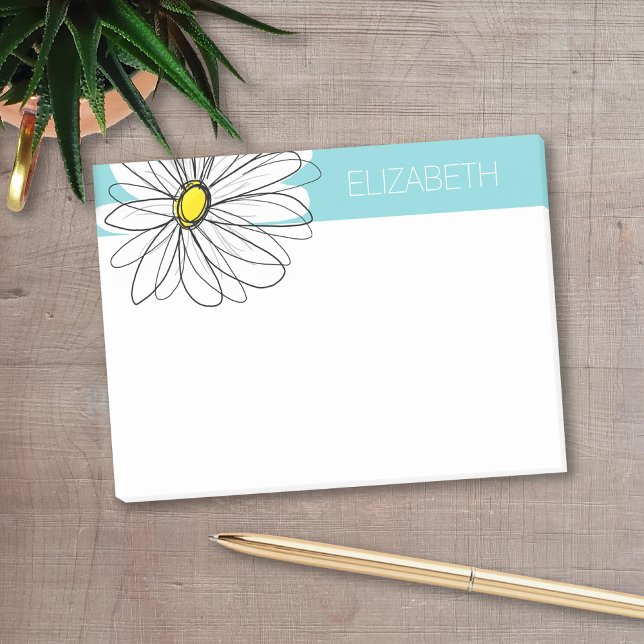 Post-it® Texte lunatique de coutume d'Aqua et de marguerite (Personalized post-it notes with a monogram and whimsical daisy drawing - low quantity available)