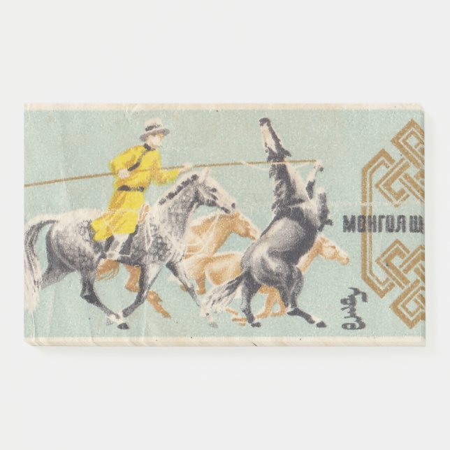 Post-it® Timbre postal mongol rétro avec une ri galopante (Devant)