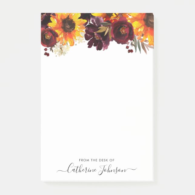 Post-it® Tournesol moderne Bourgogne Rose Aquarelle Florale (Devant)