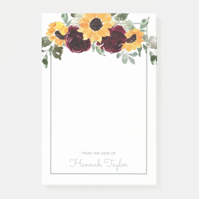 Post-it® Tournesol moderne Bourgogne Rose Aquarelle Florale (Devant)