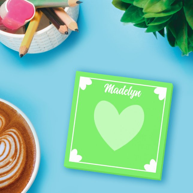 Post-it® Très Girly Neon Green Coeurs blancs Votre nom (Créateur téléchargé)