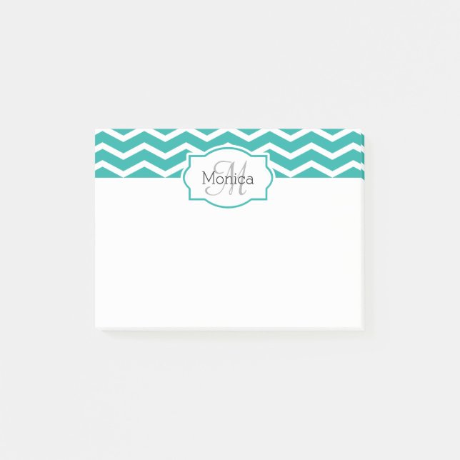 Post-it® Turquoise Aqua Turquoise Chevron Nom Monogramme (Devant)