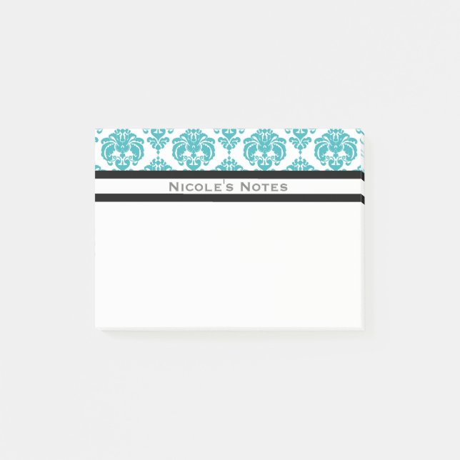 Post-it® Turquoise Aqua White Damask Pattern Moderne Person (Devant)