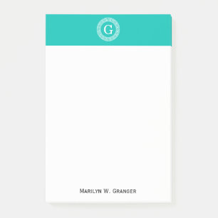 Post-it® Turquoise Blanc Clé grecque Cadre Ronde Monogramme