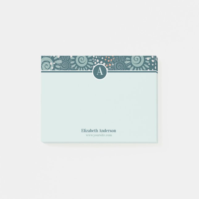 Post-it® Turquoise modèle floral de prairie verte monogramm (Devant)