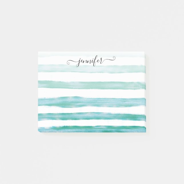 Post-it® Turquoise moderne Vert aquarelle rayures Girl Scri (Devant)