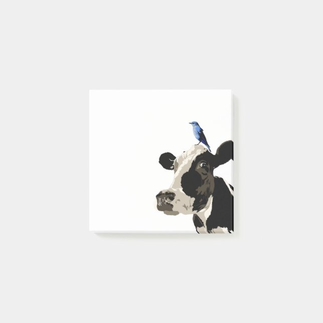 Post-it® Vache avec un oiseau bleu sur sa tête (Devant)