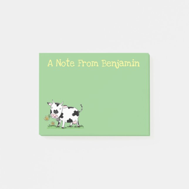 Post-it® Vache mignonne en vert dessin animé sur le terrain (Devant)