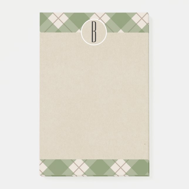 Post-it® Vert Crème Carreaux Kraft Rustique Monogramme Init (Devant)