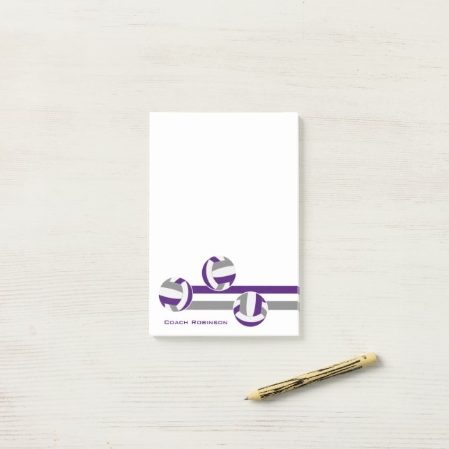 Post-it® violet gris volleyballs rayures nom du coach (Sur un bureau)