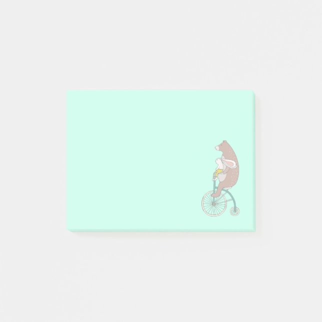 Post-it® Whimsical Bunny and Bear Riding a Bike (Devant)