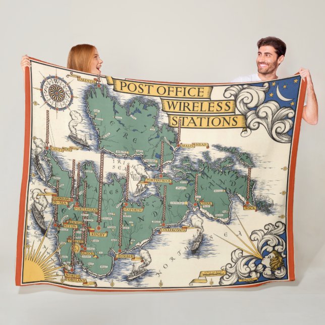 Post Office Wireless Stations Map, Great Britain Fleece Blanket (In Situ)