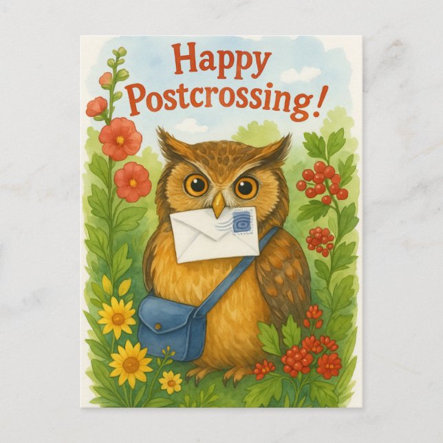 Post Owl Mail Bird Happy Postcrossing Postcard (Front)
