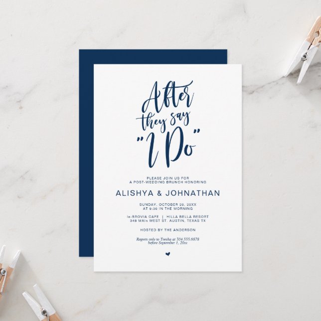 Post Wedding Brunch, Rustic Navy Blue Invitation (Front/Back In Situ)