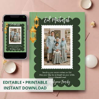 Postage Stamp Photo Frame Sage Green Eid Mubarak Holiday Card