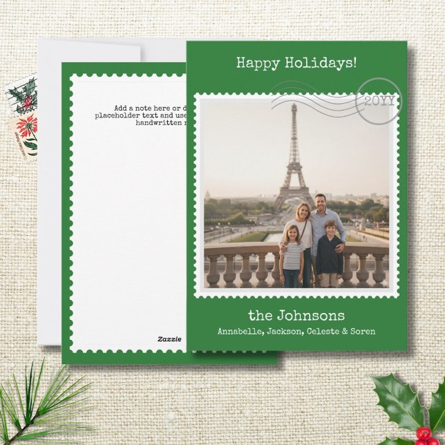 Postage Stamp Square Photo Green Holiday Card (Modern nostalgic holiday photo card with postage stamp border. Add your custom greeting.)