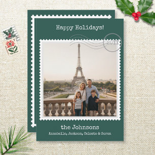 Postage Stamp Square Photo Green Holiday Card