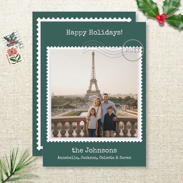 Postage Stamp Square Photo Green Holiday Card (Modern nostalgic personalized photo holiday card with postage stamp border and a green background. )