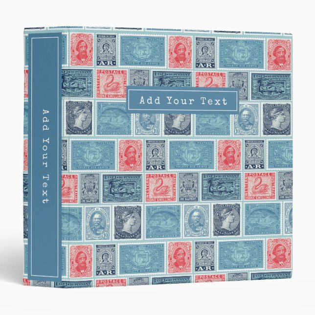 Postal Stamps Vintage Blue Red Pattern Custom Binder (Front/Spine)