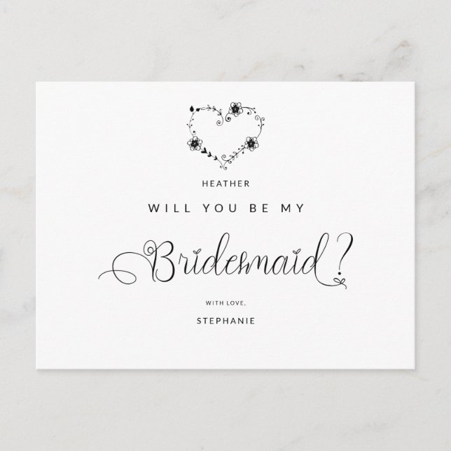 Postal Will You Be My Bridesmaid Funny Black Heart Postcard (Front)