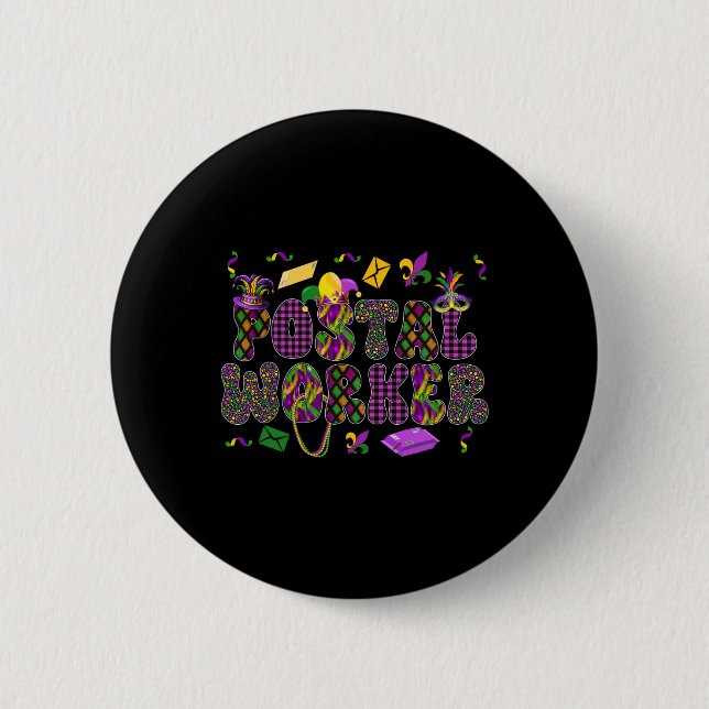Postal Worker Mardi Gras Symbols Masked Jester Hat 2 Inch Round Button (Front)