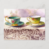 0001 Tasses à thé sur dentelle Carte de vœux