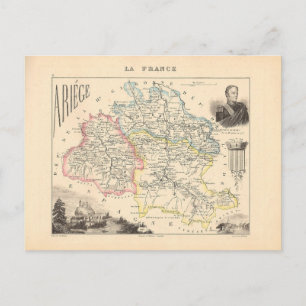 Postale 1858 Carte du département d'Ariège, France