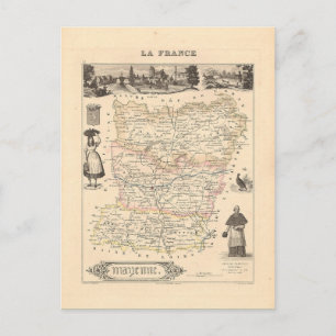 Postale 1858 Carte du département de Mayenne, France